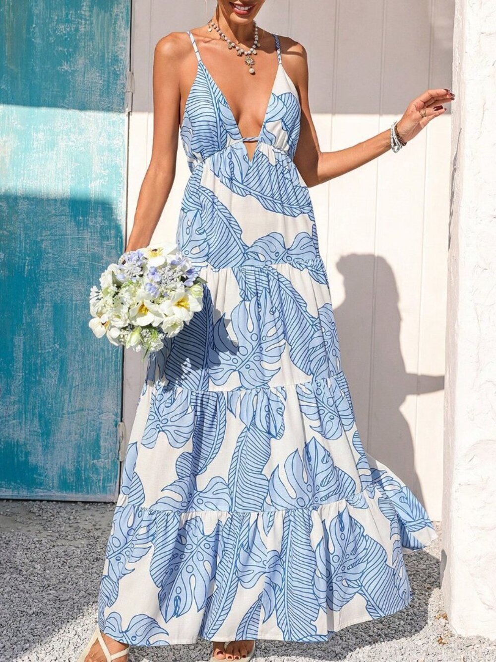 Multicolor Boho Women's Spaghetti Strap Tie Casual Floral Print Maxi Dress